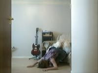 Sexy redhead fools around with lovely Golden Retriever 